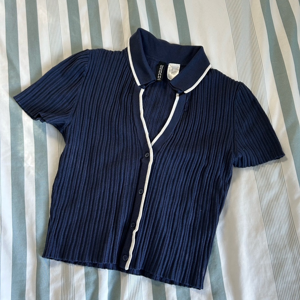 Navy rib knit top with collar